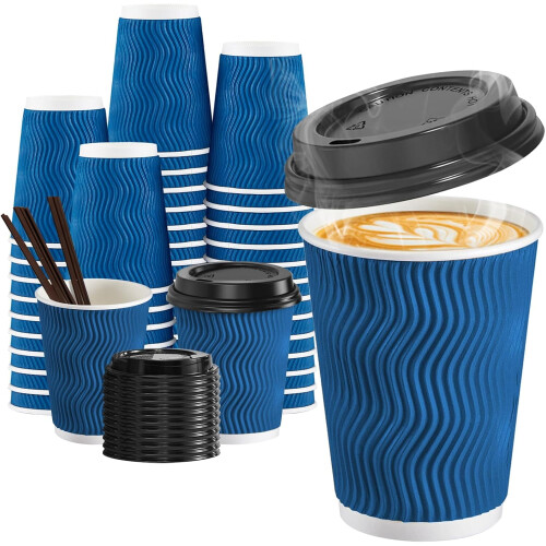 Ποτήρια καφέ μιας χρήσης, μπλε, 12oz, με μονωτικό κυματιστό τοίχωμα, 90 γρ.