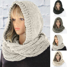 Cachecol feminino de tricô com capuz, cor sólida, quente, para uso externo.