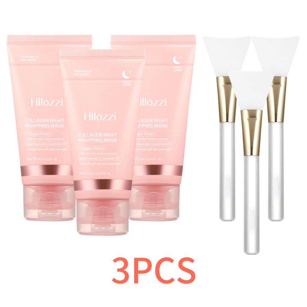 (Collagen Mask 3pcs) Collagen Overnight Wrap Mask with Jelly Brush Deep Hydrating Moisturizing Night Treatment Mask for All Skin Types