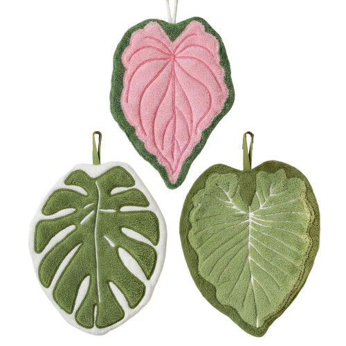 3 Piece Tropical Leaf Design Hanging Towels Super Soft Corals