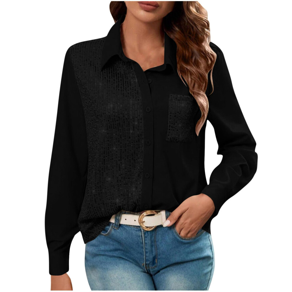 Black Women's Sequin Tops Sparkle Long Sleeve Blouses- Xl