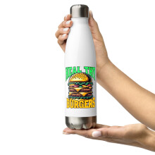 Botella de agua de acero inoxidable con temática de comida rápida, color blanco.
