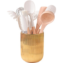 Soporte de cerámica para utensilios con rayas doradas, 5,1 x 6,6 pulgadas.