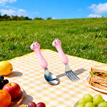 Baby Spoon Fork Set Stainless Steel Pink Plastic