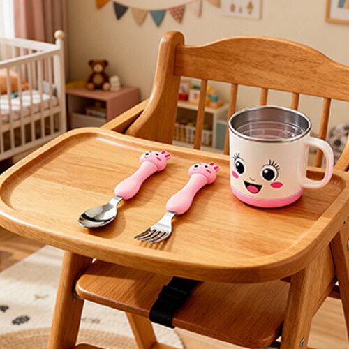 Baby Spoon Fork Set Stainless Steel Pink Plastic 1