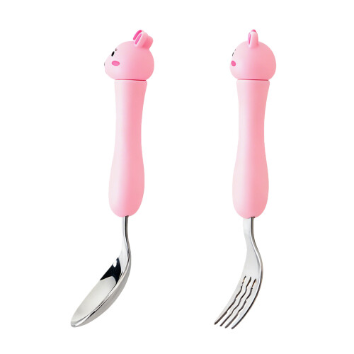 Baby Spoon Fork Set Stainless Steel Pink Plastic 2