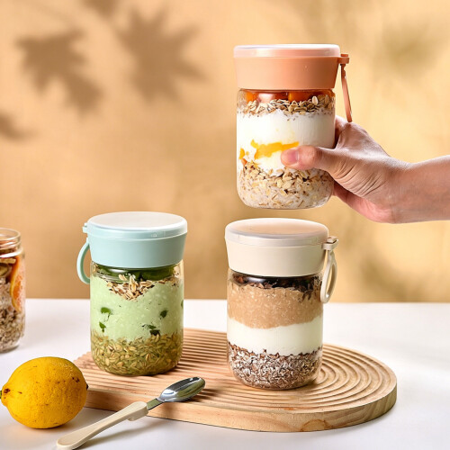 Overnight Oat Container with Lid and Spoon,Glass Mason-2 pack 2