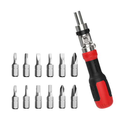 Kompaktes 13-in-1-Schraubendreher-Set mit drehbarem Kopf,-Rot