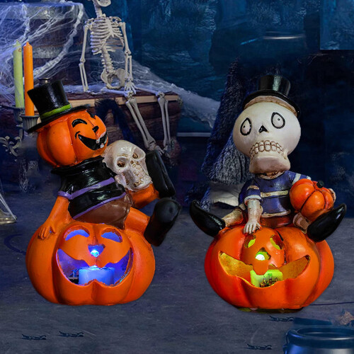 Abóbora esqueleto iluminada com LED para decoração de Halloween (1 peça) 2