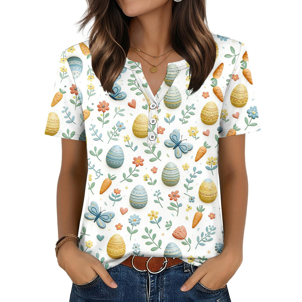 White Women's Easter Top, Cute Easter Bunny Shirt, Casual- M