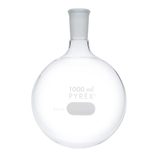 Pyrex kokkolv rund botten 1L 24/40 kort hals