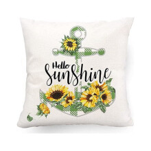 Kussenhoes met zonnebloemmotief, linnen, 18x18 inch, blauw buffelruitpatroon