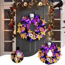 Halloween csontváz fej koszorú fényekkel (1 db)