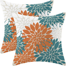 Oranje/groenblauwe linnen kussenhoezen 18x18 cm, 2 stuks