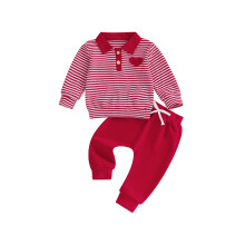 (2-3 Years, Red) Toddler Baby Boy Valentines Outfit Striped Love Heart Embroidered Half Button Up Long Sleeve Tops and Pants 2 Pcs Set