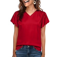 Women Silk Satin Tops Cap Short Sleeve Blouse V Neck-Red S