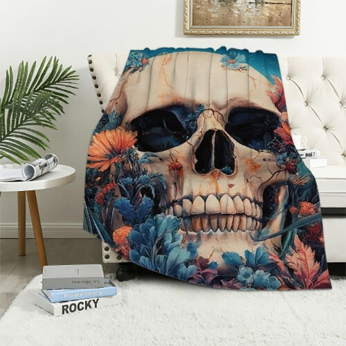 Couverture à motif de crâne et de fleurs 127 x 152 cm