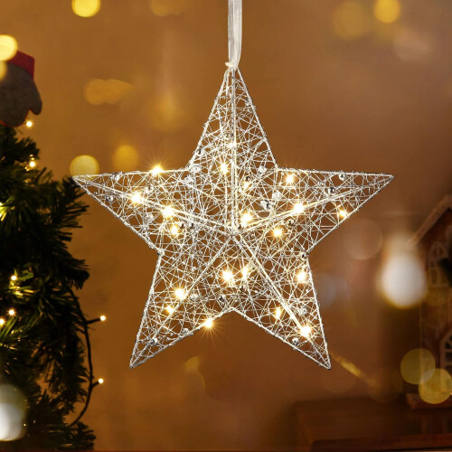 Outdoor Christmas Star Light Warm White LED Lantern Silver