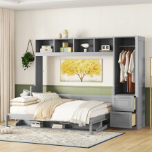 Queen Murphy Wall Bed with Wardrobe and 2 Drawers Gray