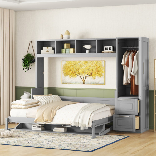 Queen Murphy Wall Bed with Wardrobe and 2 Drawers Gray