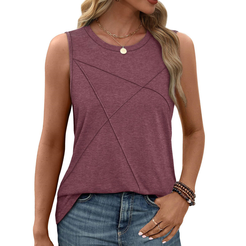 Tops for Women Loose Fit Crewneck Casual Sleeveless-Claret XL