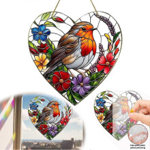 Robin Light Catcher Pendant - Acrylic Animal Theme Window Decoration Multi-Color Floral Heart Design
