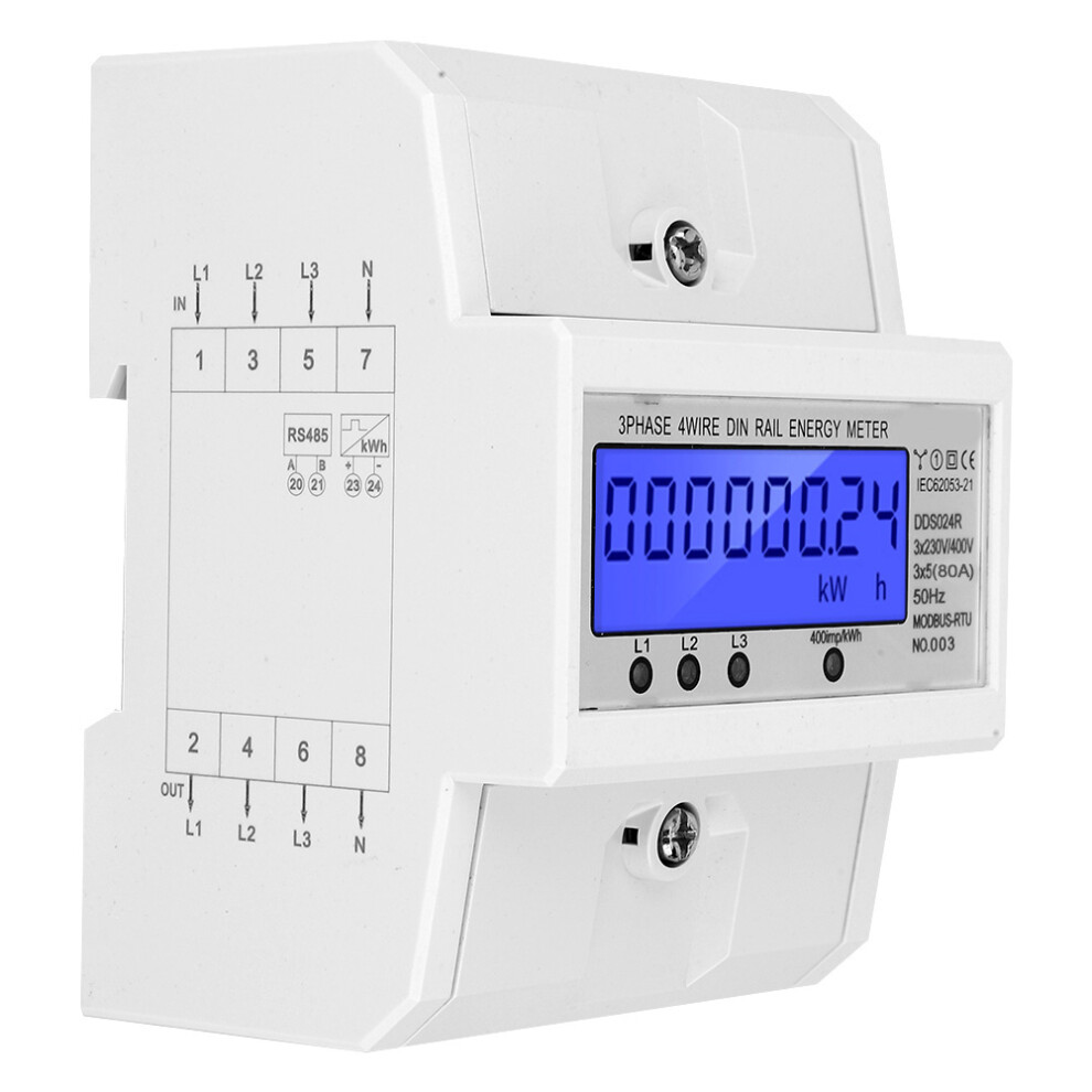DIN Rail Wattmeter 3 Phase 4 Wire RS485 LCD