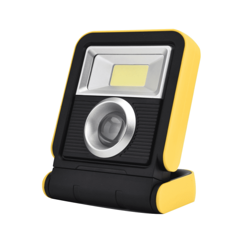 Refletor LED portátil para camping, com carregamento solar e USB, amarelo.