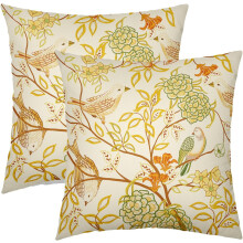 Fundas de almohada con estampado floral de pájaros, color amarillo mostaza, 45 x 45 cm (juego de 2)