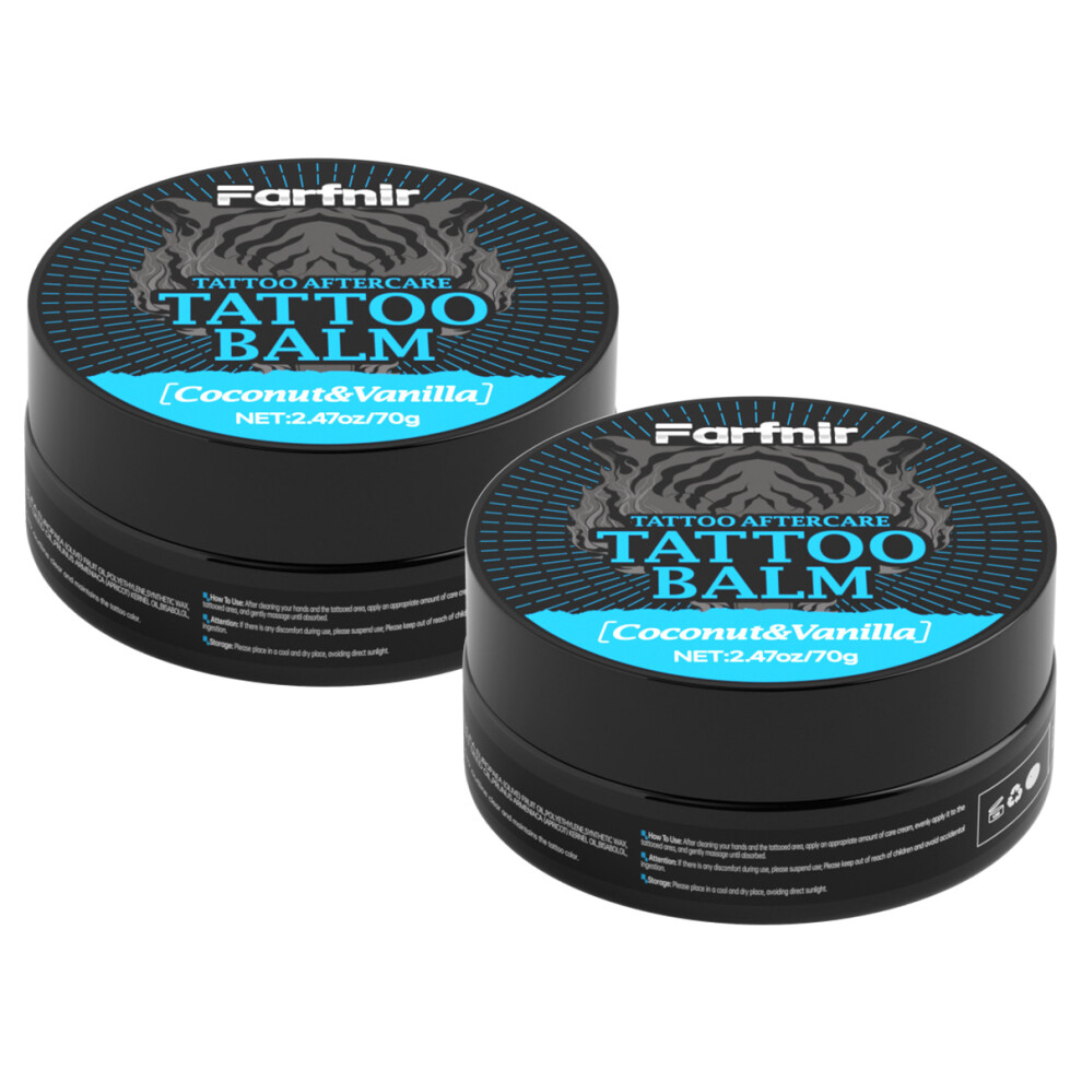 2.47 oz/70 g Tattoo Balm, with a coconut and vanilla scent, moisturizes, maintains clarity  and makes new tattoos more vibrant.