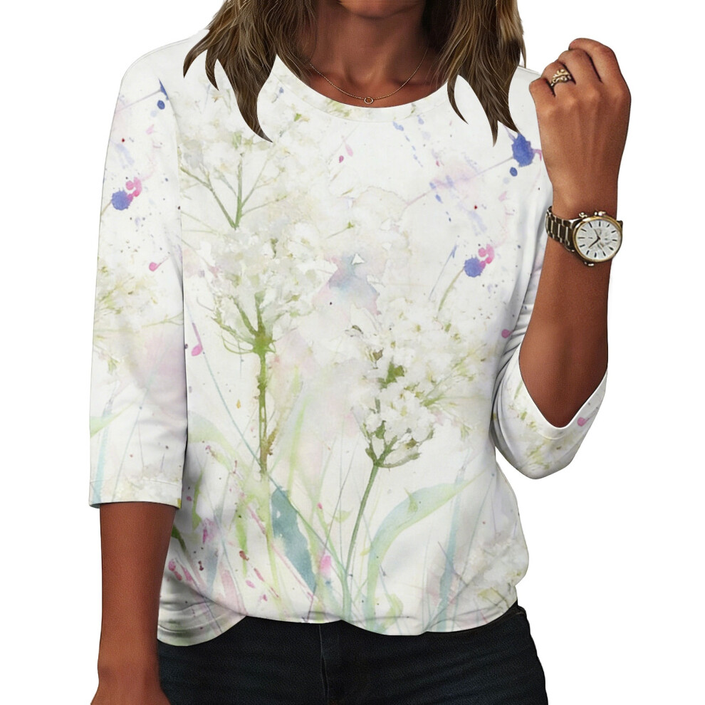 Orange Women's Flowers Print Shirt Casual Three-Quarter- S