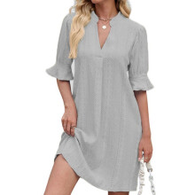 Shirts Dress for Women V Neck Short Sleeves Casual Flowy-Gray M
