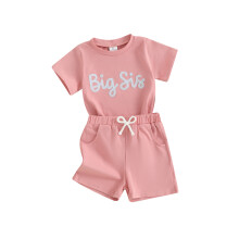 (2-3 Years, Pink) Brother Sister Matching Outfits Letter Embroidery Short Sleeve Round Neck T-Shirt with Shorts 2 Pcs Outfit