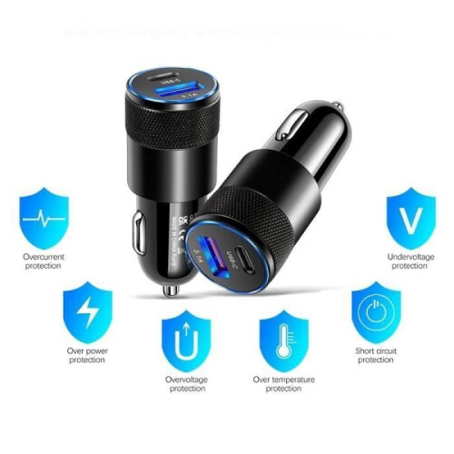 Caricatore da auto con porta USB e USB-C, doppia uscita universale, nero compatto e resistente 2
