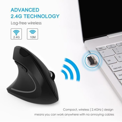 Wireless Vertical Optical Mouse for Left-Handed Users, Ergonomic Design for Arm Relief, 6 Buttons, Black 1