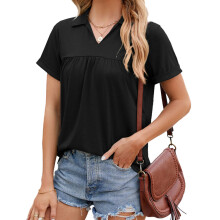 Damen-T-Shirts, V-Ausschnitt, lässig, Revers, kurze-Schwarz XXL