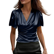 Women's Shirt V Neck Petal Short Sleeve Wrap-Navy Blue L