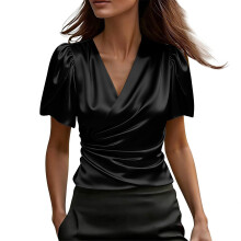 Women's Shirt V Neck Petal Short Sleeve Wrap Elegant-Black L