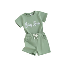 (4-5 Years, Green) Brother Sister Matching Outfits Letter Embroidery Short Sleeve Round Neck T-Shirt with Shorts 2 Pcs Outfit