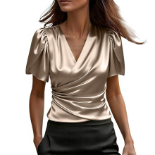 Women's Shirt V Neck Petal Short Sleeve Wrap Elegant-Gold M