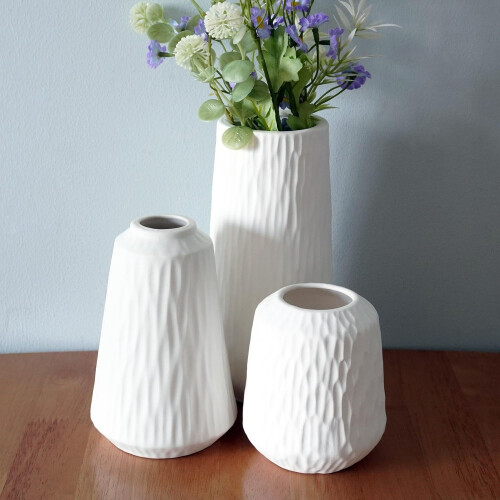 White Ceramic Vase Set Minimalist Matte Wave Surface 3-Piece