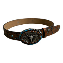 Long Horned Bull Head Buckles Belt PU Leather Waistband-105cm
