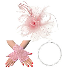 20s Flapper Headwear With Gloves And Beaded-Pink Size fits all