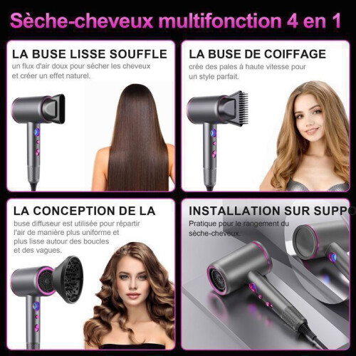 Professional Ionic Hair Dryer 2400W Powerful, 3 Heat and 3 Speed Settings, with Stand, 2 Concentrators, 1 Diffuser, Grey 2