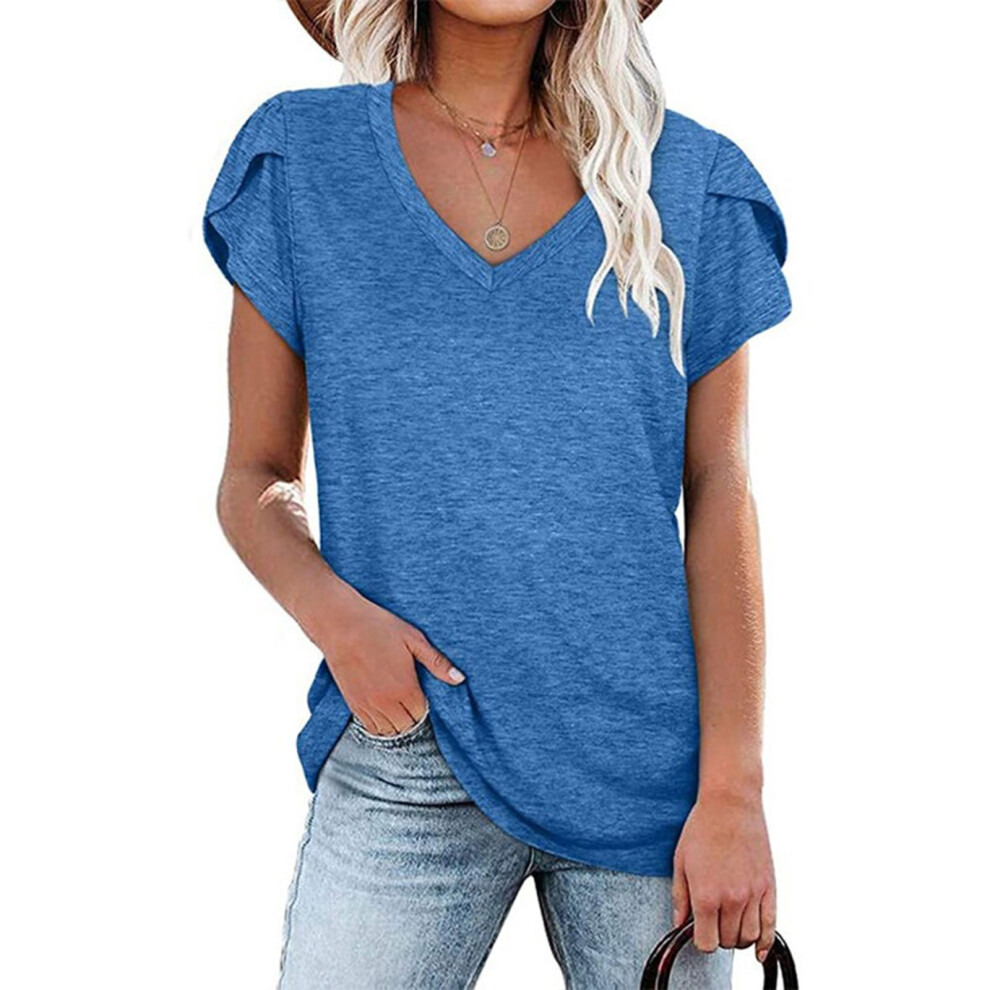 Womens T Shirts Petal Sleeve V Neck Casual Tees Basic-Blue L