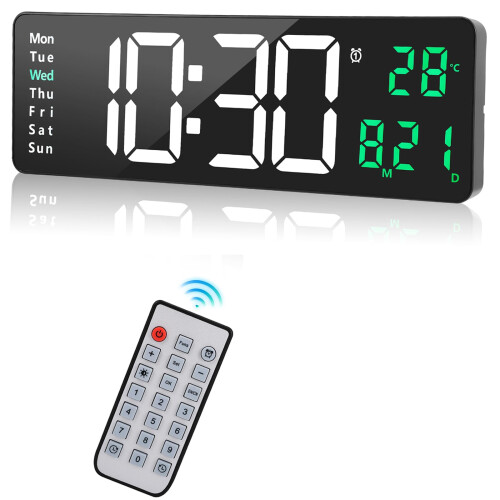 16" Large Digital Wall Clock - Plug-in Alarm Clock with Remote Control