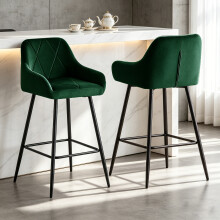 (GREEN) Set of 2 Bar Stools Velvet Upholstered Kitchen Pub