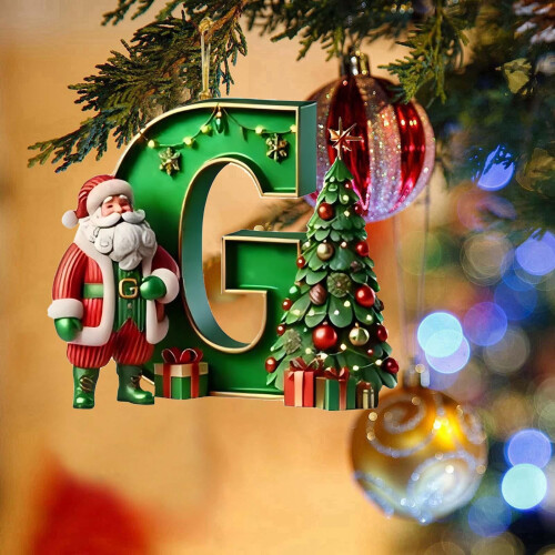 Green Personalized Christmas Initial Ornament with Santa 2