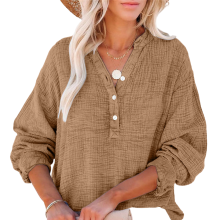 Women's Casual Button-Down V-Neck Long-Sleeve-Earthy yellow M