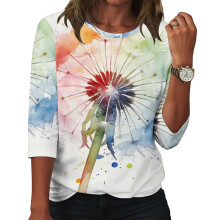 Women's flowers Print Shirt Casual Three-quarter sleeves-Red L